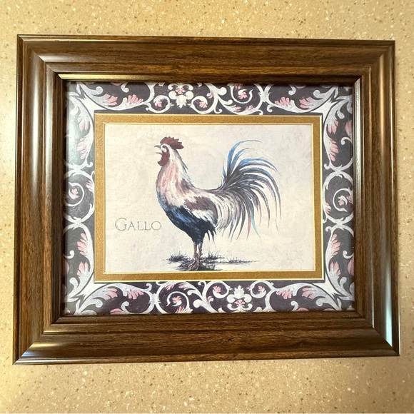 Rooster Gallo Wall Art Home Deco Rustic Brown Framed Border - Picture 2 of 7